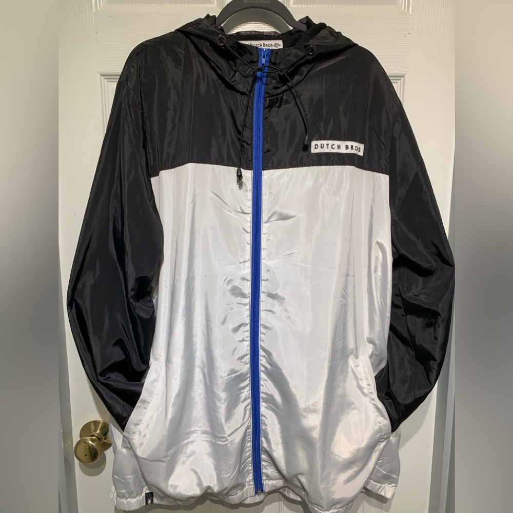 Dutch Bros ultra light windbreaker hooded zipper jacket white black size men L